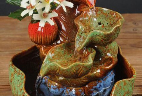 创意陶瓷工艺品窑变釉流水加湿器 荷叶戏水两款可选
