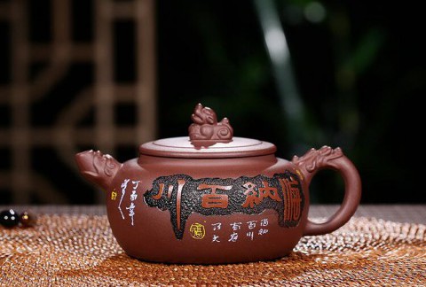 宜兴原矿正品名家全手工紫砂壶底槽清灵兽纳福壶刻绘茶壶