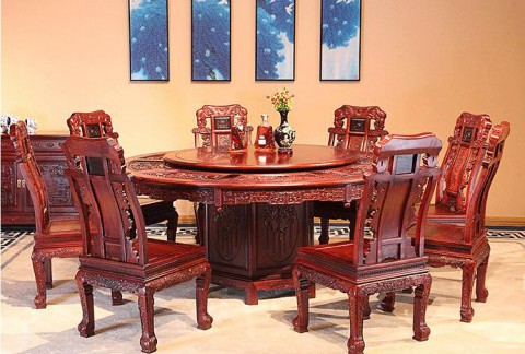 巴里黄檀红木家具老挝大红酸枝红木餐桌椅组合圆桌花枝圆餐台