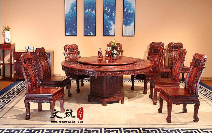巴里黄檀红木家具老挝大红酸枝红木餐桌椅组合圆桌花枝圆餐台-5