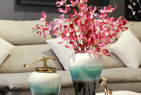 新中式陶瓷花瓶仿真花艺摆件 创意电视柜插花器 窑变釉瓷瓶装饰品