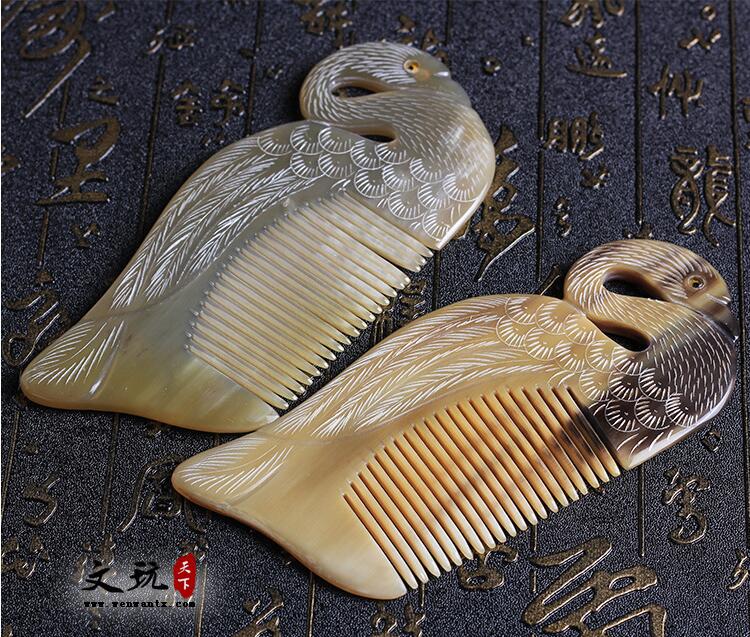 天然牛角手工雕刻双面天鹅梳子特色饰品防静电保健礼品梳-7