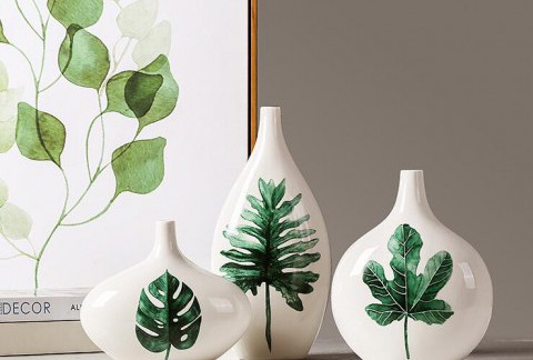 创意花瓶摆件简约现代客厅插花陶瓷小清新花瓶三件套装龟背叶花瓶