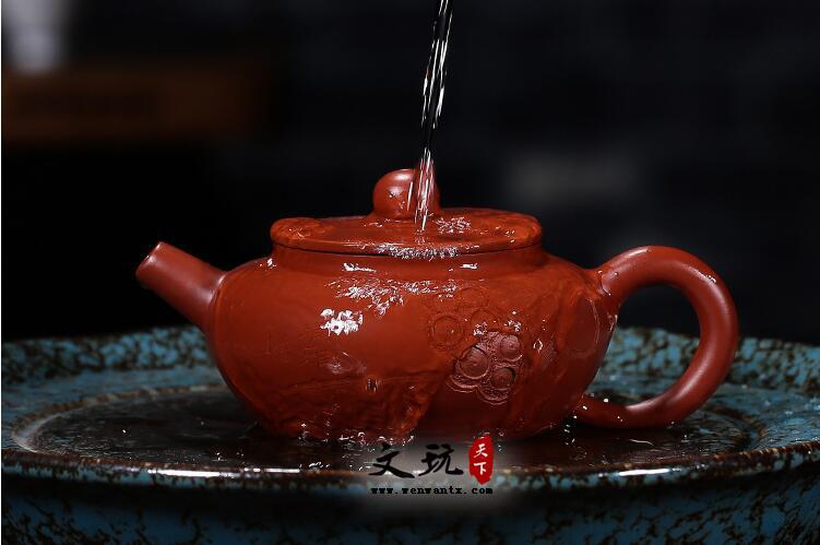宜兴原矿正品名家全手工紫砂壶刻绘大红袍扁平盖莲子茶壶-8