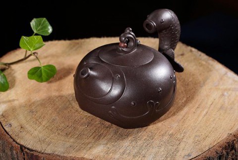 宜兴紫砂壶精品雕塑花货黑金砂鱼跃龙门壶纯全手工茶壶