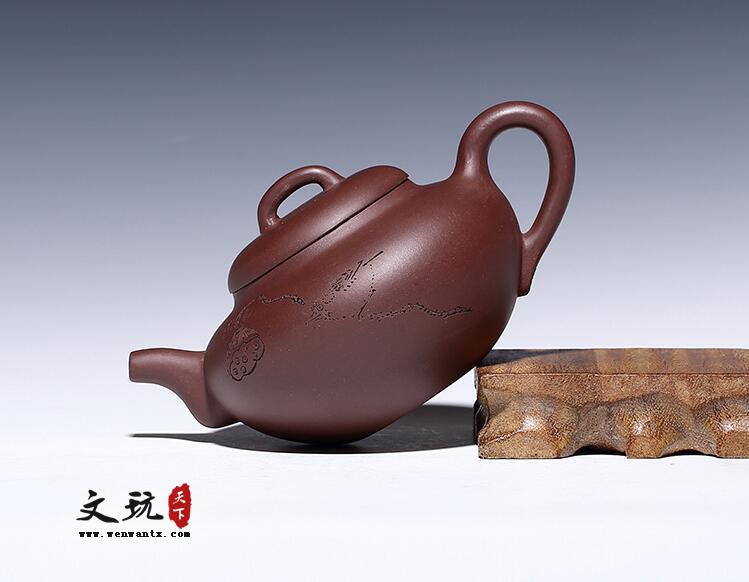 宜兴原矿正品名家纯全手工刻绘莲蓬紫泥含香壶茶壶茶具-3
