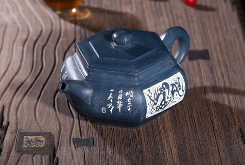 宜兴原矿纯全手工雕刻汉壁画天青泥方壶六方雪华壶茶壶
