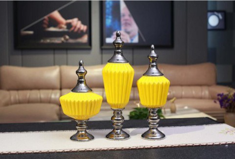 新中式陶瓷花瓶仿真花艺摆件 黄色百褶陶瓷将军罐（不含花）