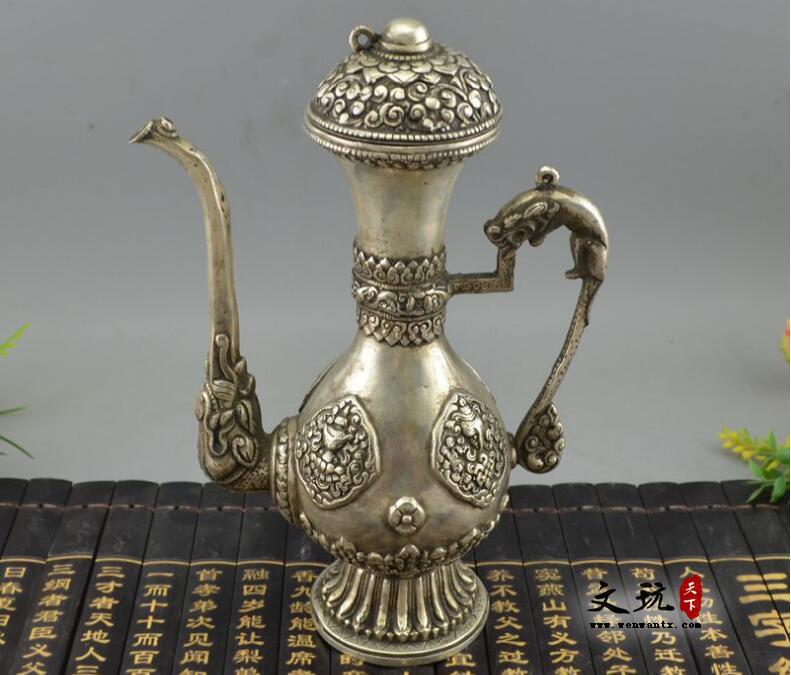 古玩杂项铜器收藏纯铜摆件白铜镀银黄铜酒壶尼泊尔铜酒壶-1