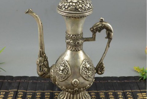 古玩杂项铜器收藏纯铜摆件白铜镀银黄铜酒壶尼泊尔铜酒壶