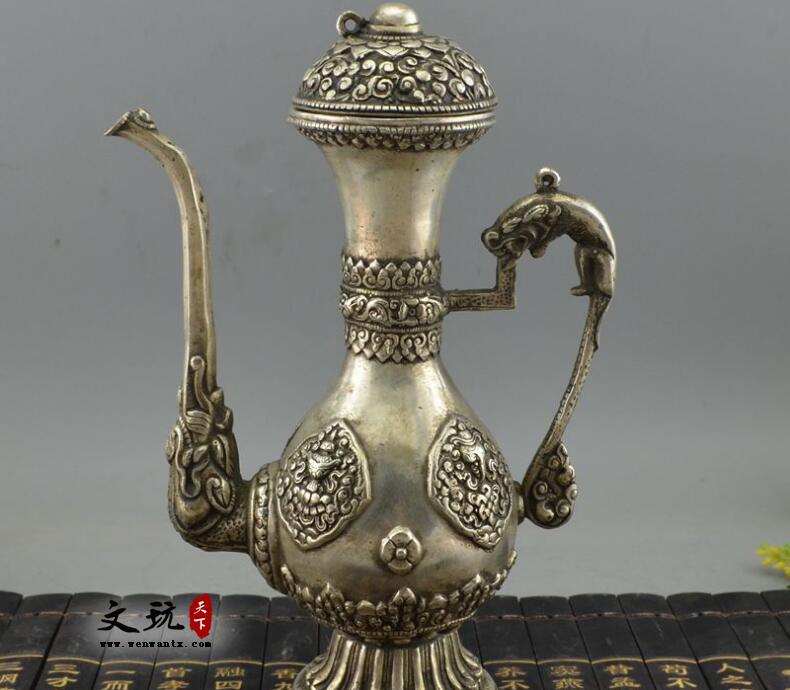 古玩杂项铜器收藏纯铜摆件白铜镀银黄铜酒壶尼泊尔铜酒壶-2