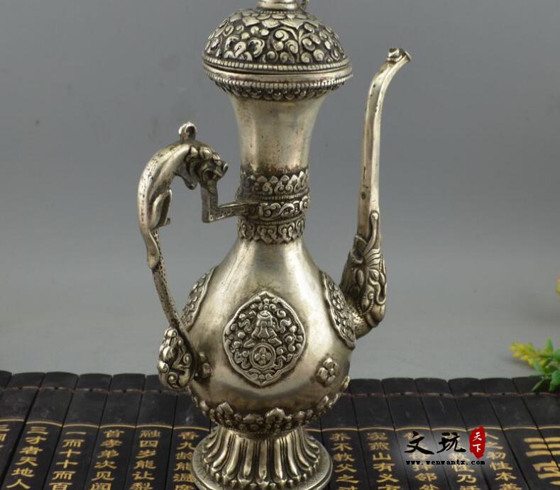 古玩杂项铜器收藏纯铜摆件白铜镀银黄铜酒壶尼泊尔铜酒壶-3