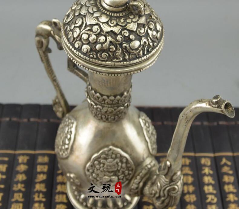 古玩杂项铜器收藏纯铜摆件白铜镀银黄铜酒壶尼泊尔铜酒壶-5