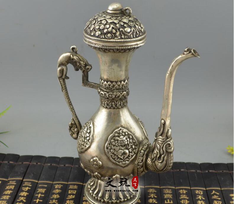 古玩杂项铜器收藏纯铜摆件白铜镀银黄铜酒壶尼泊尔铜酒壶-6