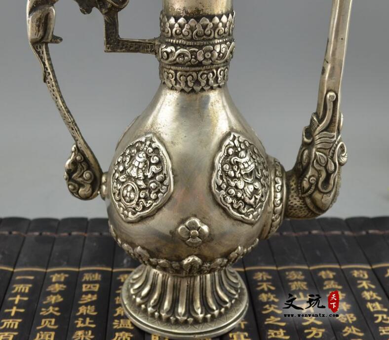 古玩杂项铜器收藏纯铜摆件白铜镀银黄铜酒壶尼泊尔铜酒壶-9