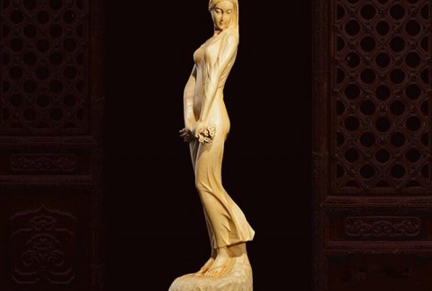 黄杨木雕居家摆件雕刻手工艺雕塑美女花样年华拿花少女