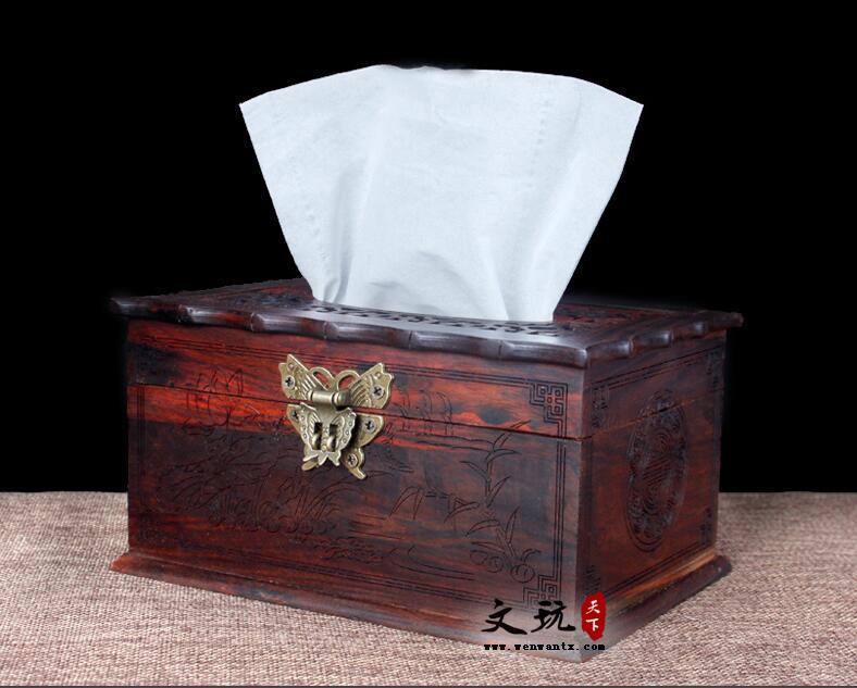 精品酸枝木木雕纸巾盒镂空雕刻古典风格-6