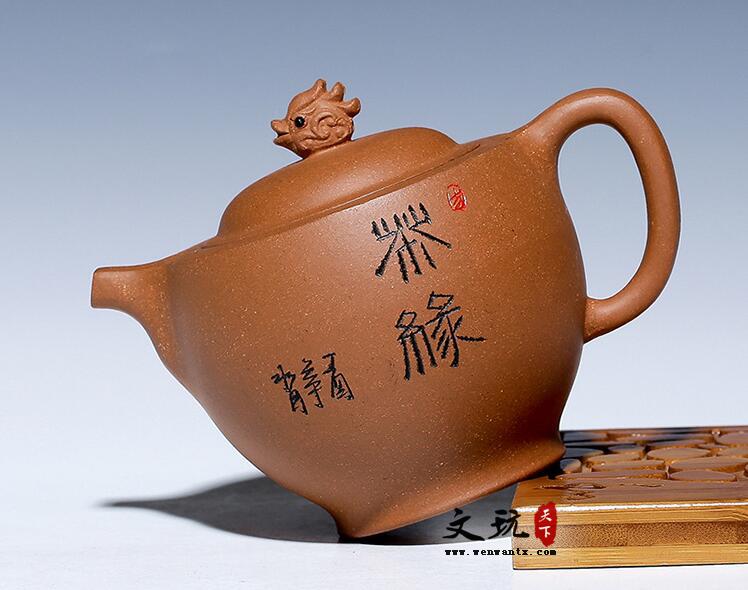 宜兴原矿正品名家全手工刻绘雕塑茶壶青灰泥茶缘杯壶-2