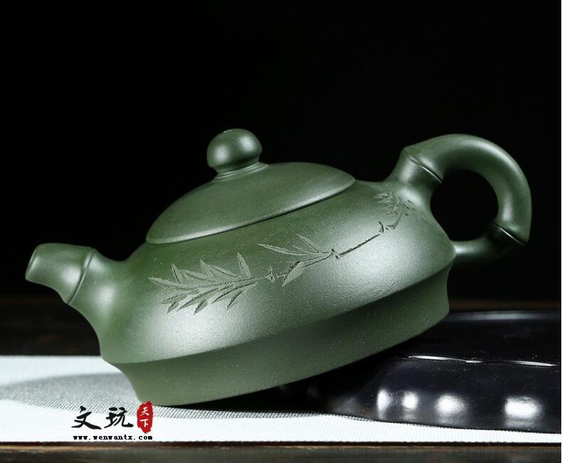 宜兴原矿民国绿泥刻绘全手工竹节半月紫砂茶壶-2