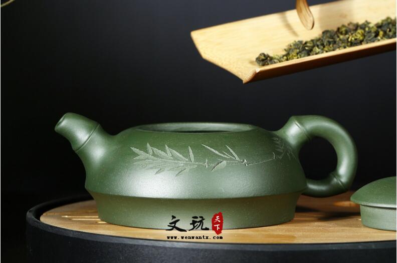 宜兴原矿民国绿泥刻绘全手工竹节半月紫砂茶壶-3