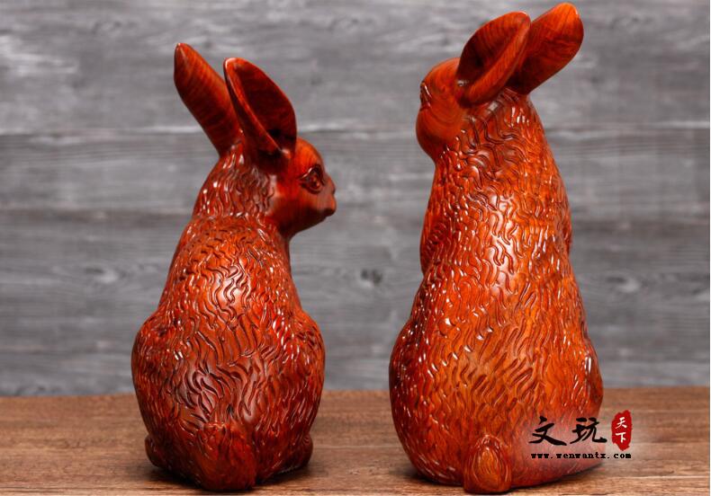 精品花梨木雕十二生肖兔摆件 木质工艺礼品可爱毛兔家居摆件-2