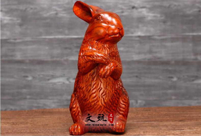 精品花梨木雕十二生肖兔摆件 木质工艺礼品可爱毛兔家居摆件-6