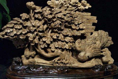 木质工艺品手工木雕印尼沉香花鸟孤品