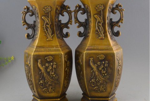 纯铜黄铜工艺品摆件鸿运当头花瓶插花瓶一对