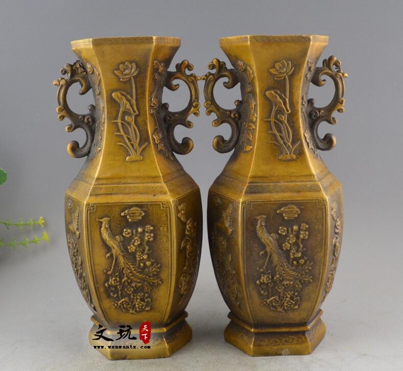 纯铜黄铜工艺品摆件鸿运当头花瓶插花瓶一对-4