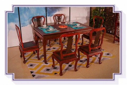 老挝大红酸枝餐厅家具交趾黄檀红木餐桌椅组合七件套