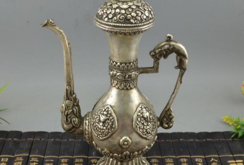 铜器收藏纯铜摆件白铜镀银黄铜酒壶尼泊尔铜酒壶