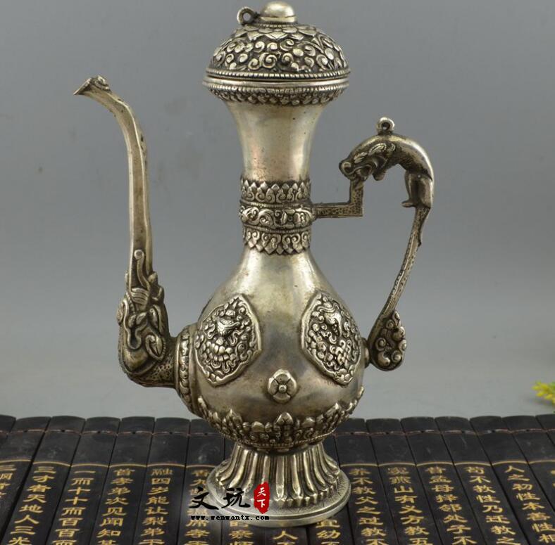 铜器收藏纯铜摆件白铜镀银黄铜酒壶尼泊尔铜酒壶-3