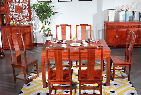 红木餐桌中式古典餐厅家具 刺猬紫檀和和美美餐桌七件套