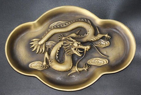 仿古做旧古玩杂项收藏浮雕中国龙盘子铜盘子笔洗烟灰缸家居摆件