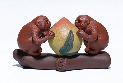 紫砂茶宠雕塑摆件手工定制猴子寿桃有福同享