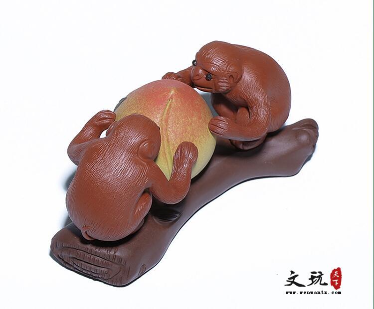 紫砂茶宠雕塑摆件手工定制猴子寿桃有福同享-6