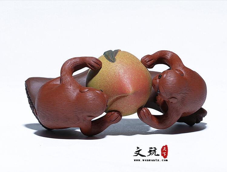 紫砂茶宠雕塑摆件手工定制猴子寿桃有福同享-3