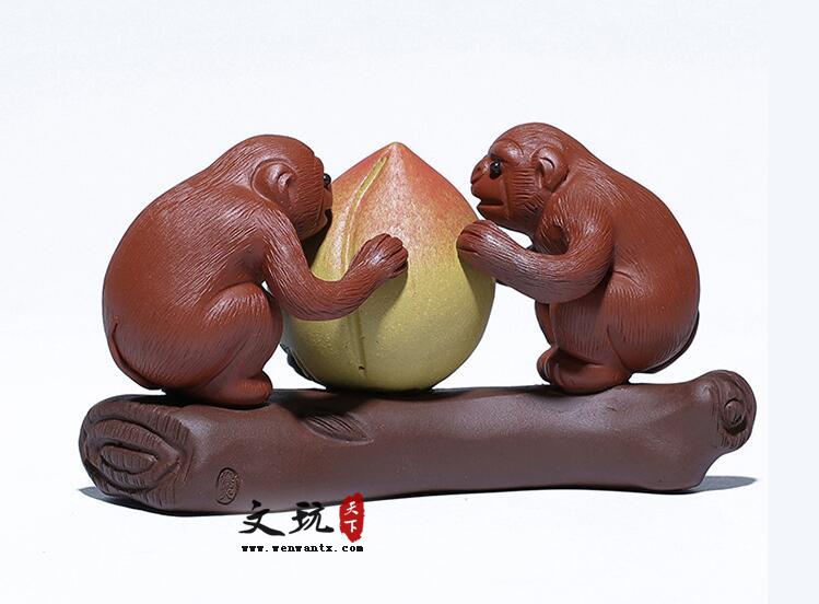 紫砂茶宠雕塑摆件手工定制猴子寿桃有福同享-4