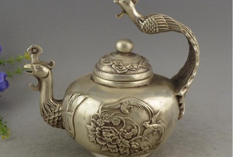 铜器收藏纯铜摆件白铜镀银黄铜 凤凰茶水壶酒壶