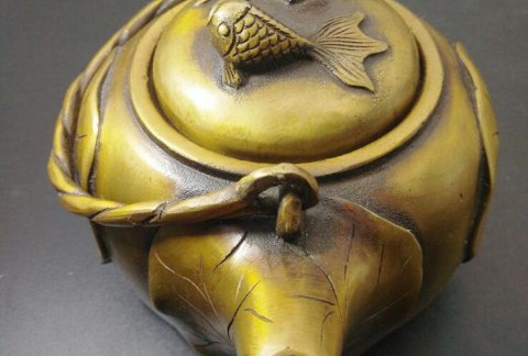 特价仿古铜器纯铜河叶鱼水壶摆件酒壶茶壶装饰工艺礼品