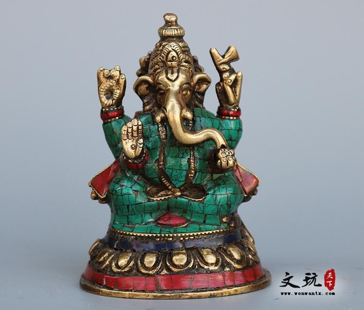 尼泊尔纯铜绿松石象鼻神摆件天目象密宗象财神佛像家居装饰收藏-1