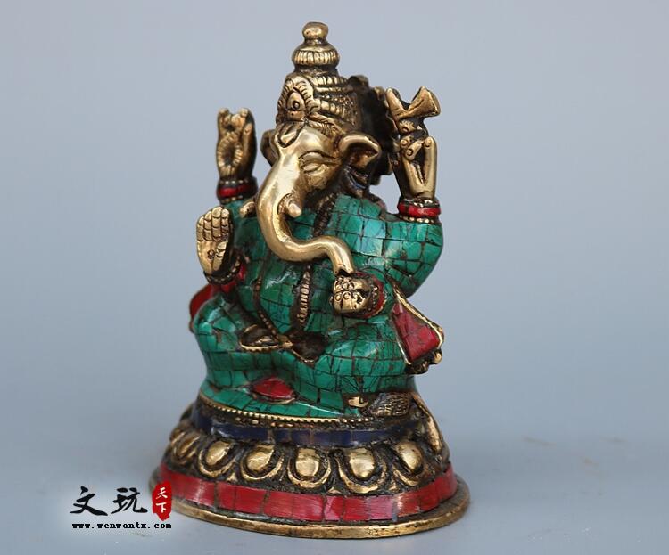 尼泊尔纯铜绿松石象鼻神摆件天目象密宗象财神佛像家居装饰收藏-3