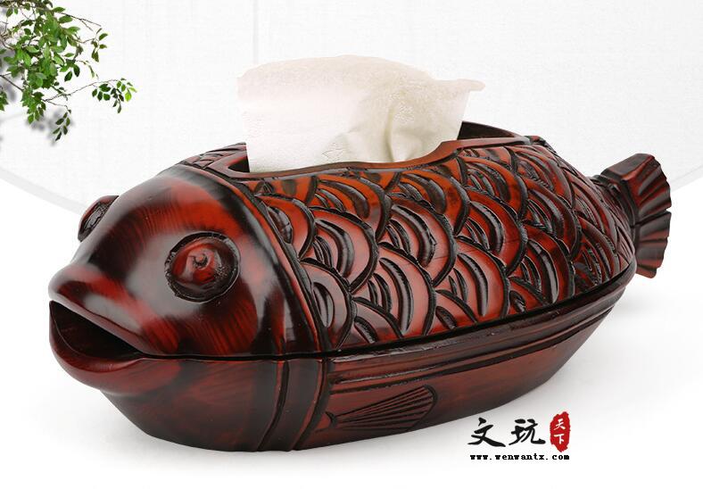 中式复古桃木雕刻富贵鱼形纸抽盒纸巾盒-1