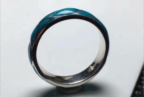 原矿高瓷蓝绿松石925银镶嵌指环女复古民族风款 天然无优化指圈环