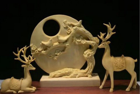 加拿大桧木（黄杨木）双鹿 实木雕刻摆饰摆件