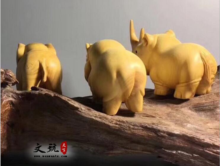 小叶黄杨木非洲三宝河马、犀牛、大象家居实木雕刻摆饰摆件工艺品-5