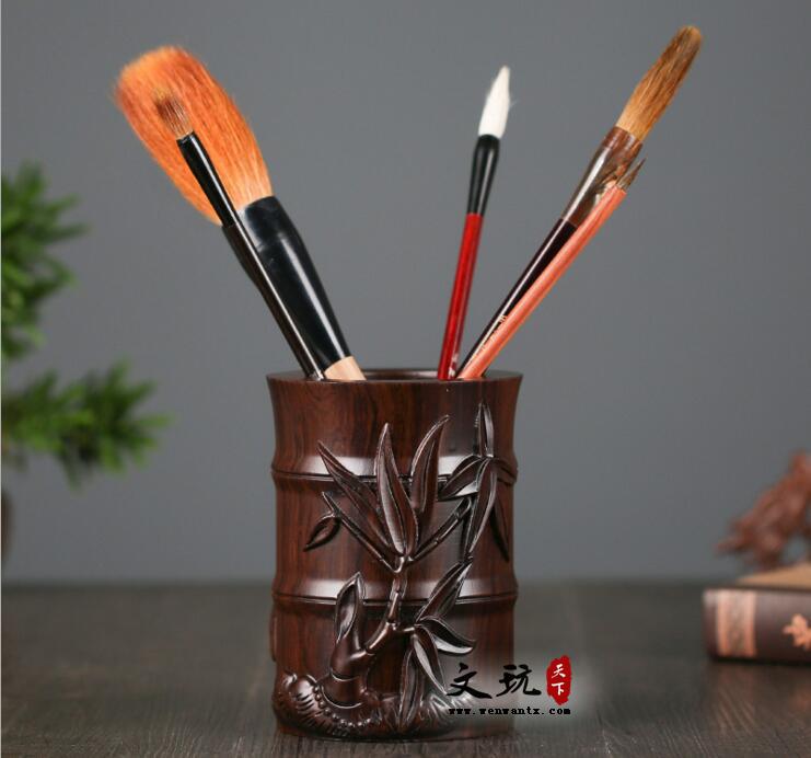 知了竹节创意笔筒红木雕刻原木复古桌面笔架收纳摆件-1