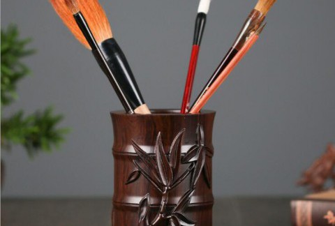 知了竹节创意笔筒红木雕刻原木复古桌面笔架收纳摆件