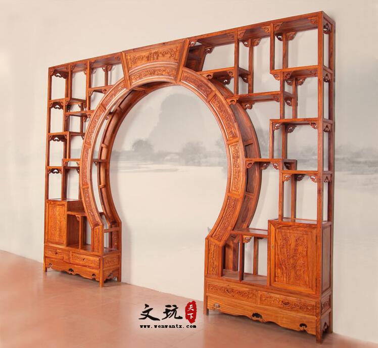 中式红木月洞门客厅隔断如意双圆门博古架-2