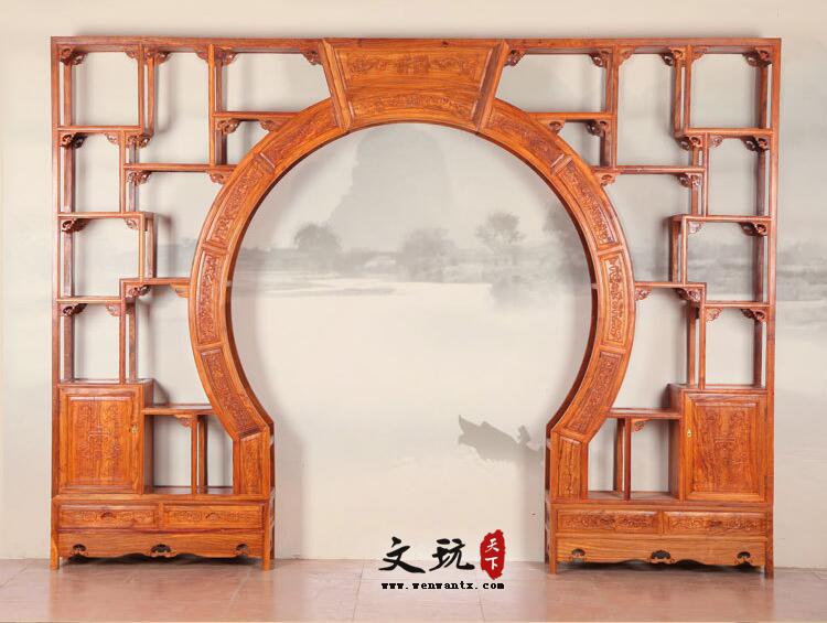 中式红木月洞门客厅隔断如意双圆门博古架-3